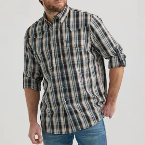 Wrangler Men's L/S Plaid Performance Western Snap Shirt in Tan & Black Button Down Weekend Wear