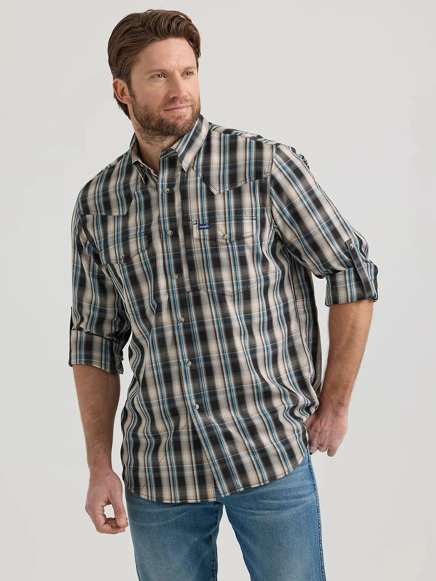 Wrangler Men's L/S Plaid Performance Western Snap Shirt in Tan & Black Casual Elegance Casual Wear
