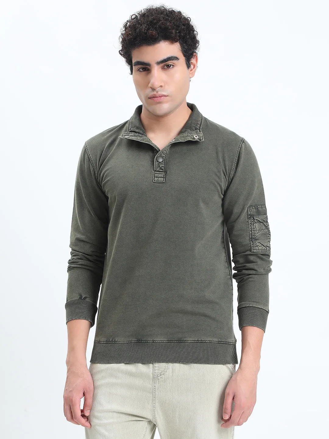 Men's Olive High Neck Ribbed Sweatshirt product beach style charm