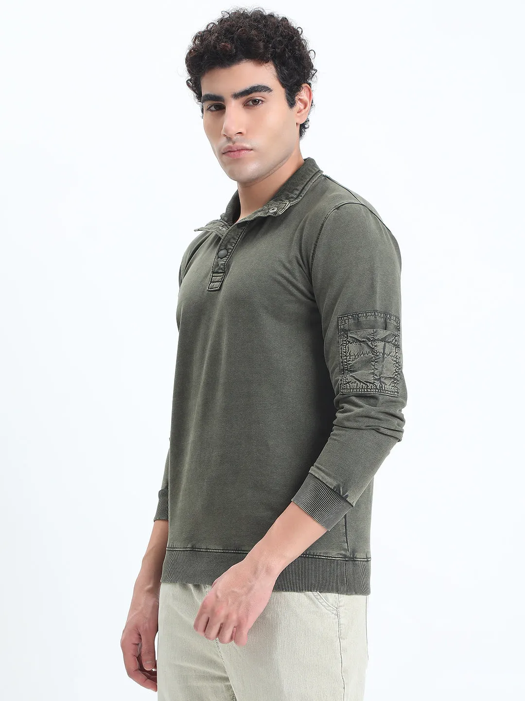 Men's Olive High Neck Ribbed Sweatshirt Modern Bold