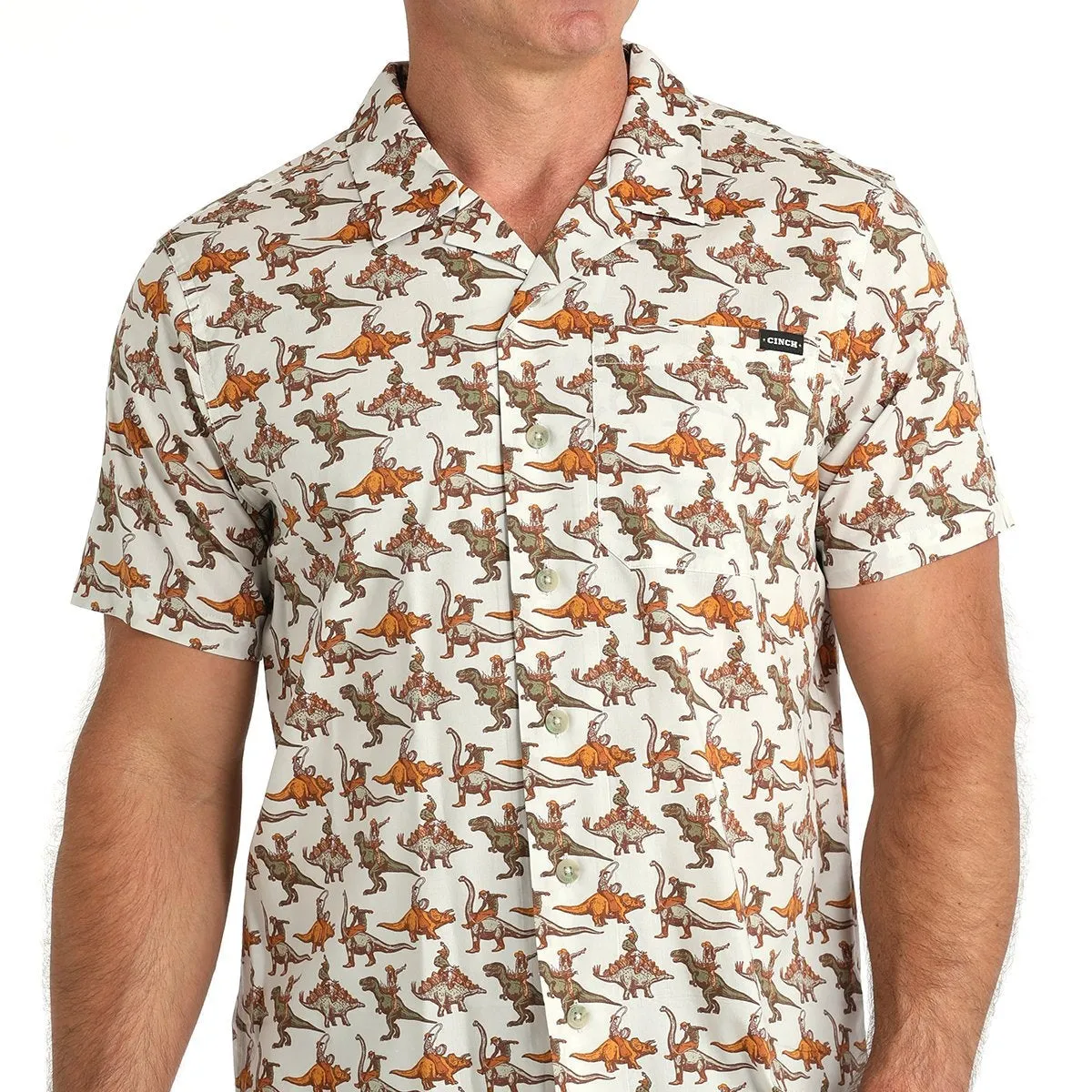 Cinch Men's Short Sleeve Bronc-A-Saurus Camp Shirt in Cream Curved Hem Easter