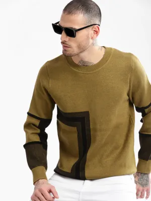 SoftTouch Material Ribbed Hem Detail Men's Round Neck Geometric Green Pullover