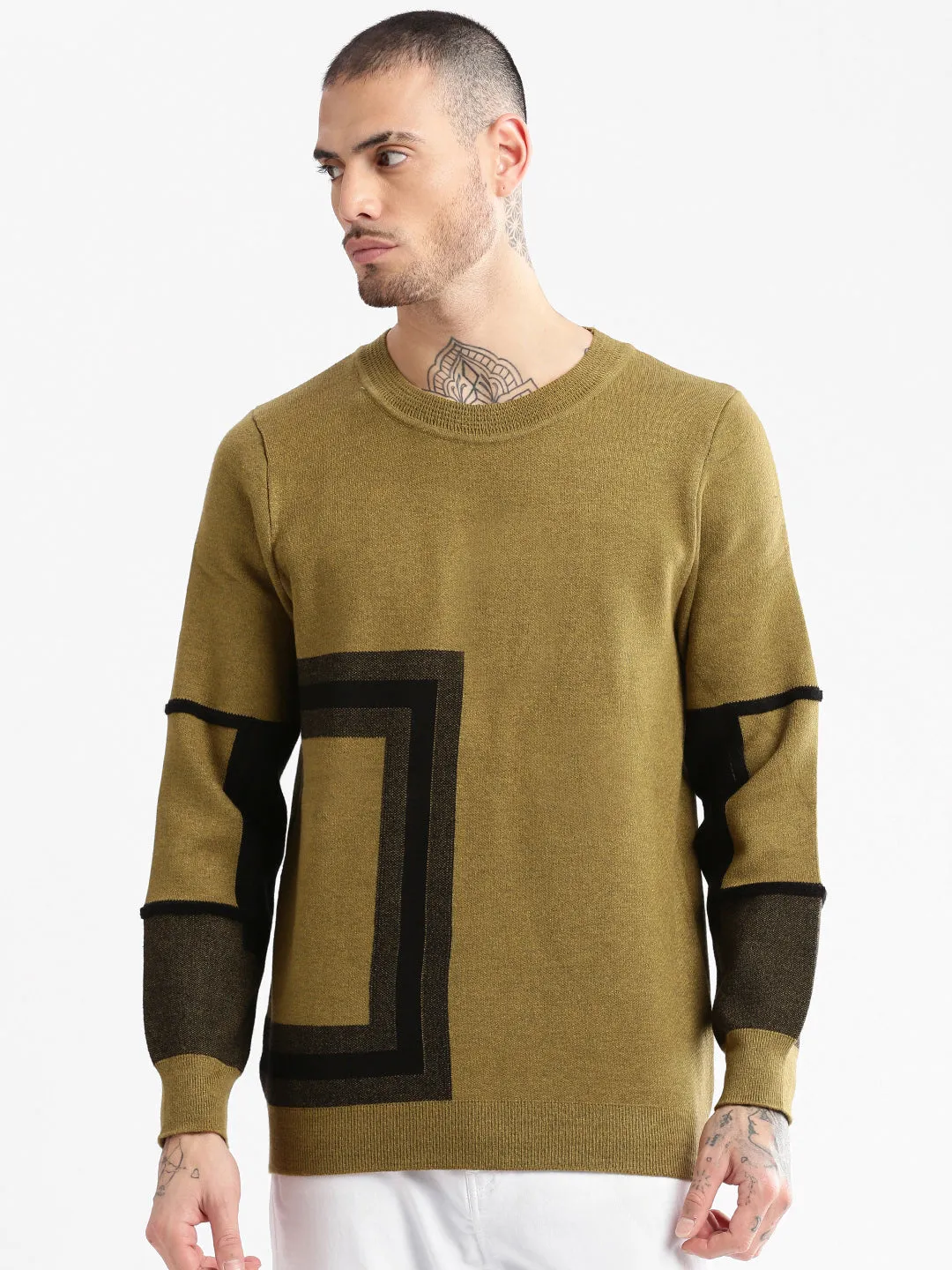 Men's Round Neck Geometric Green Pullover Reinforced Stress Points OdorResistant Treatment