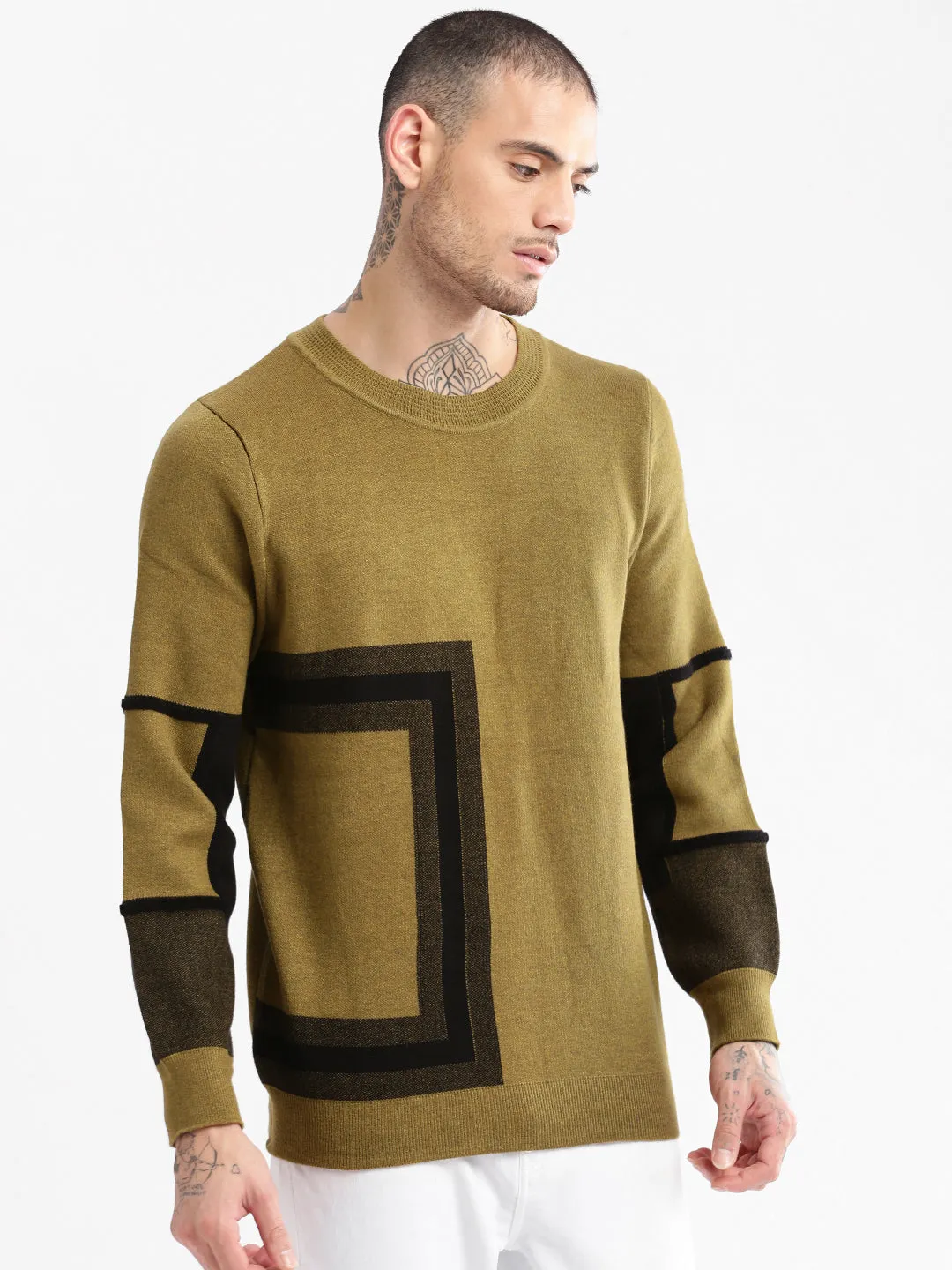 Soft Palette Men's Round Neck Geometric Green Pullover