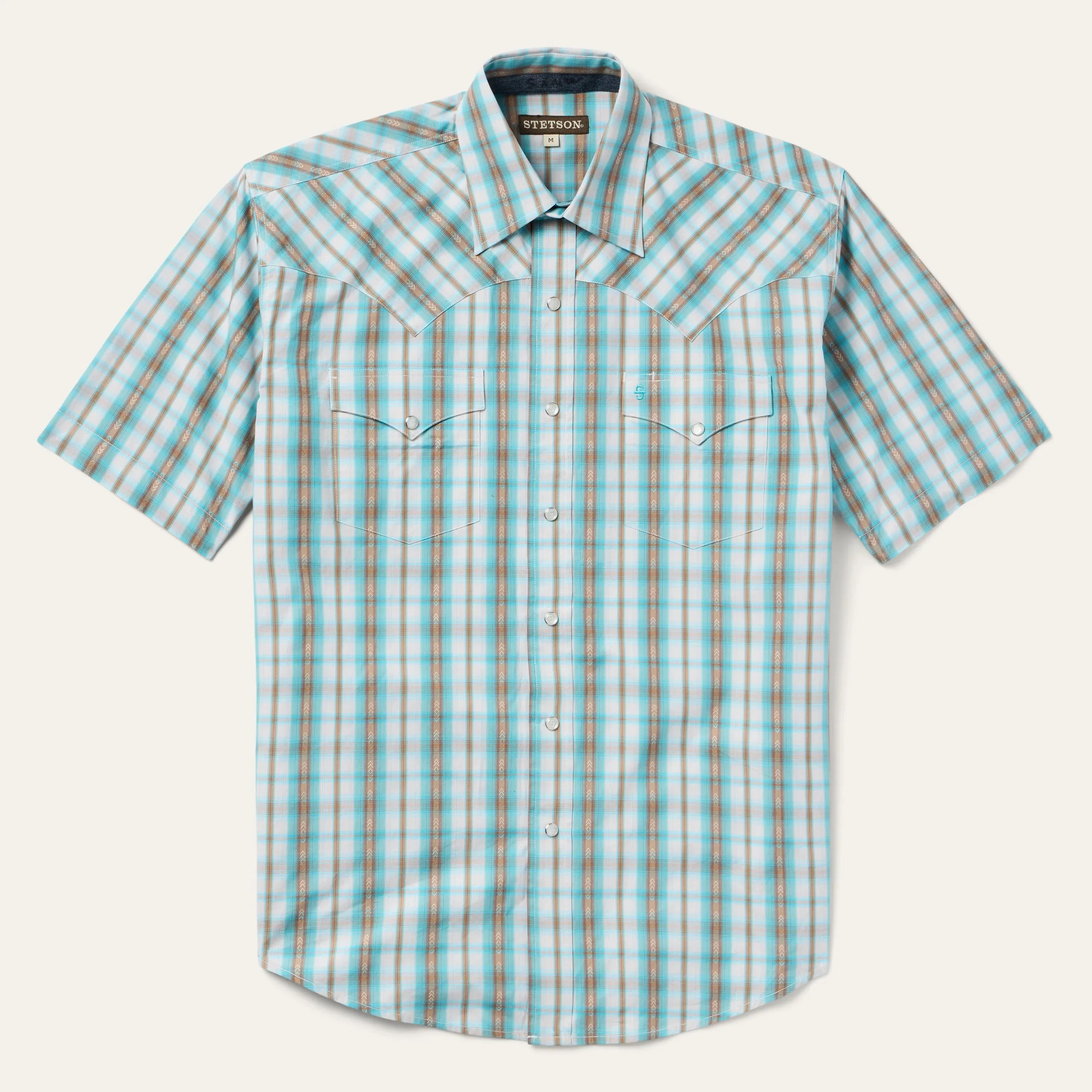 Stetson Men's S/S Plaid Western Snap Shirt in Turquoise Casual Fashion Active Layer Fit