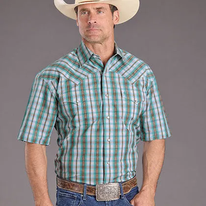 Stetson Men's S/S Plaid Western Snap Shirt in Turquoise Classic Outfit Style Slim Waistband