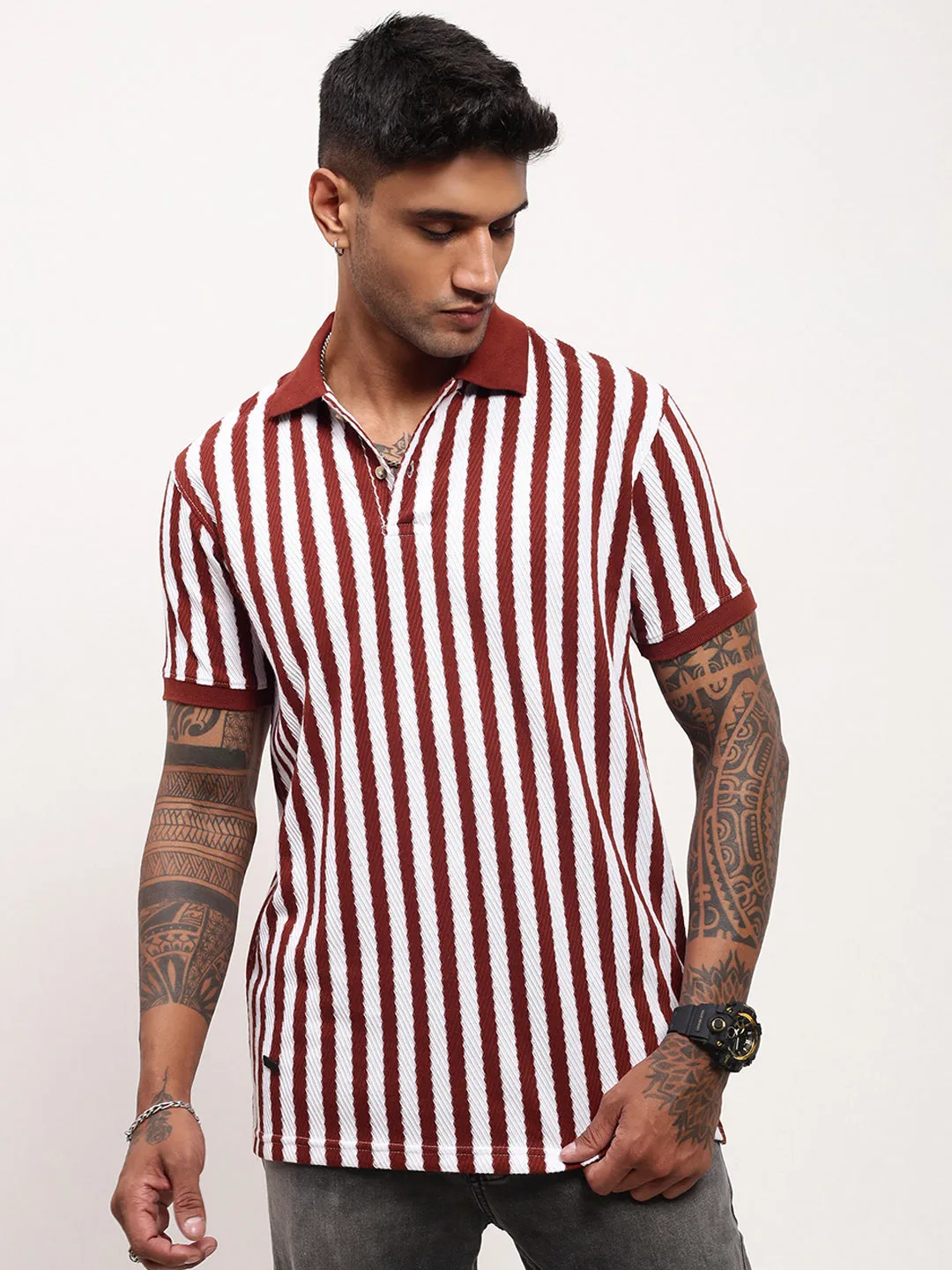 product rough ruggedness Men's Brown Striped Polo Collar T-Shirt
