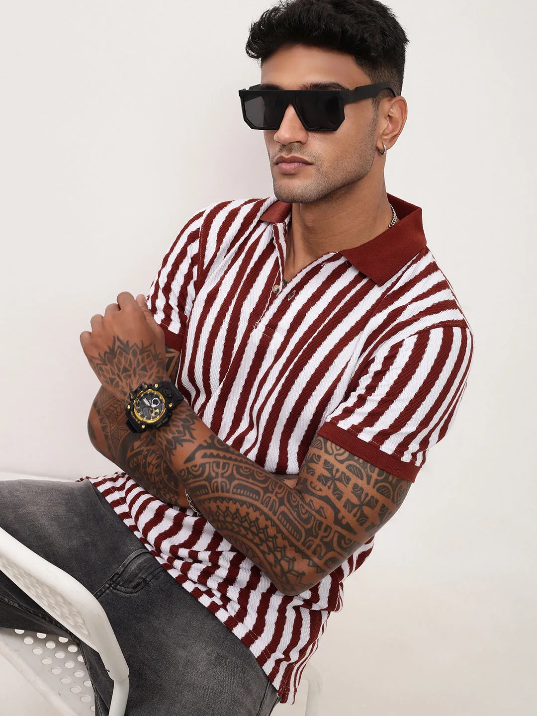 Retro Print Men's Brown Striped Polo Collar T-Shirt