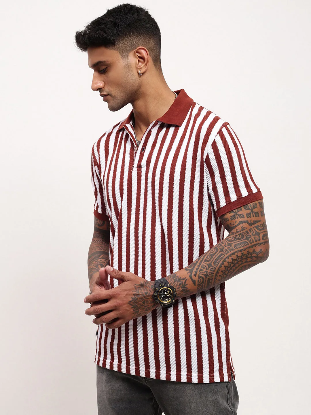 Men's Brown Striped Polo Collar T-Shirt Premium Comfort Streetwear Fashion