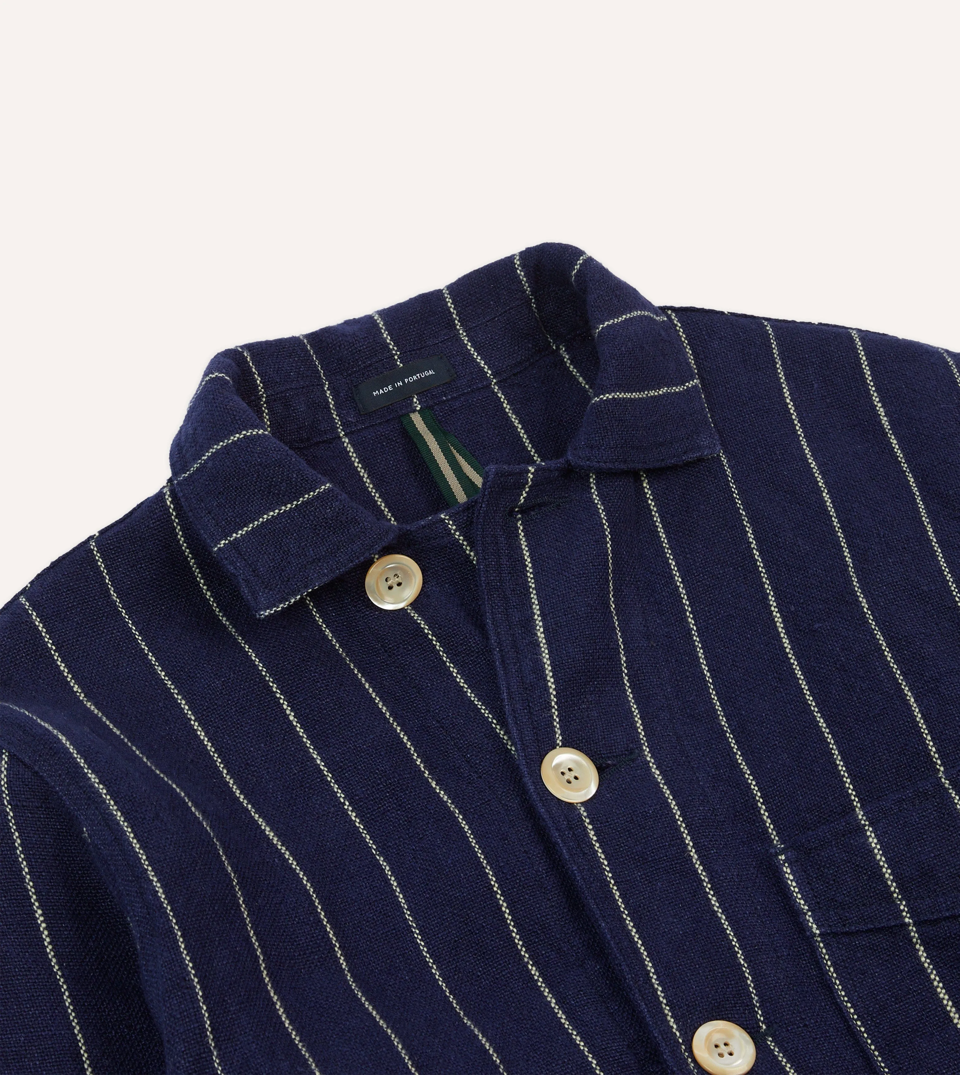 Crisp Look Reinforced Elbows Navy Pinstripe Heavy Linen Five-Pocket Chore Jacket