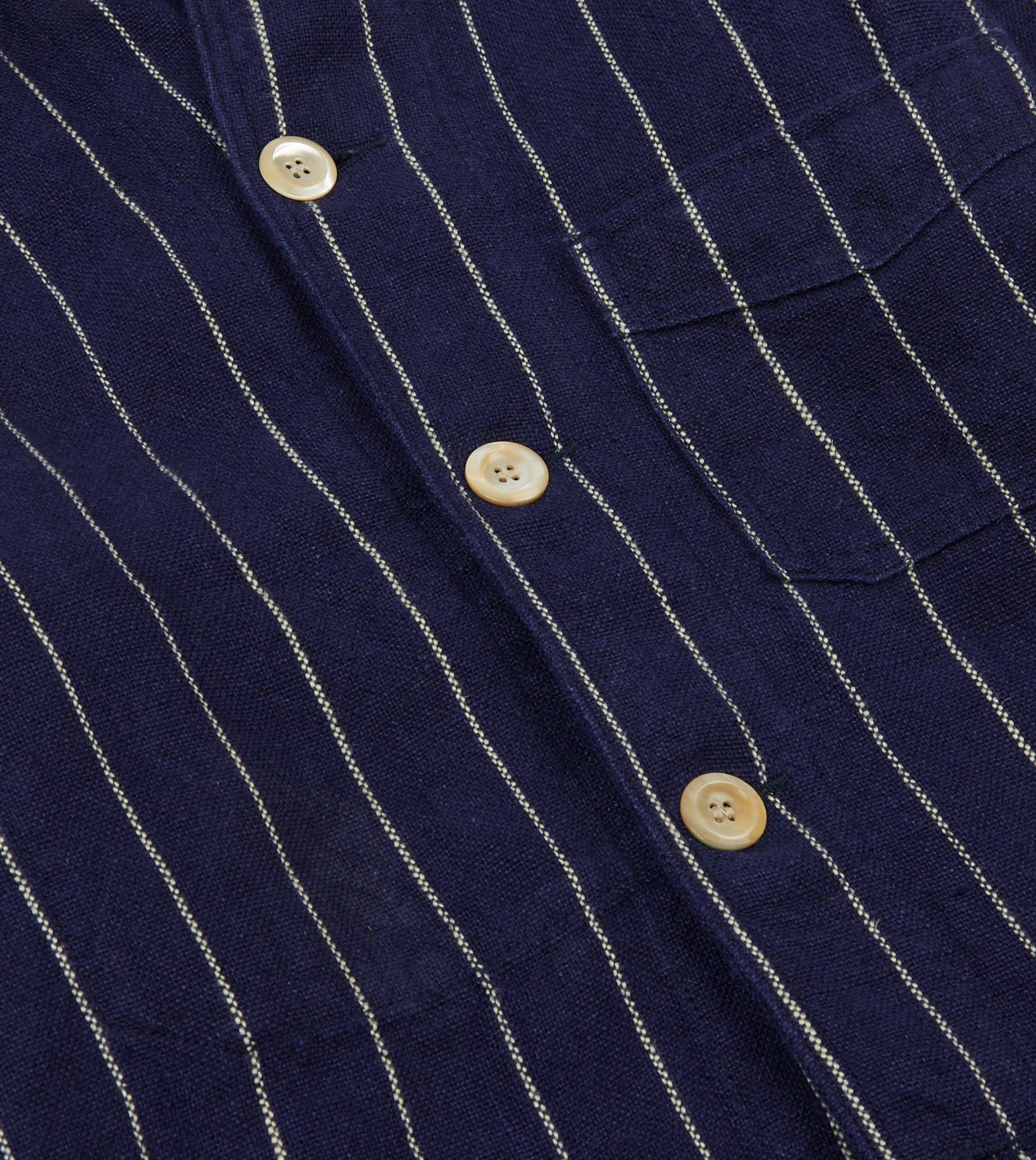 Navy Pinstripe Heavy Linen Five-Pocket Chore Jacket Layering Compatible Cut No Smell