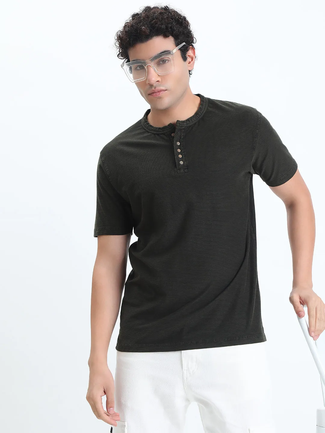 Men's Olive Henley Collar Regular Fit T-Shirt Timeless Fashion