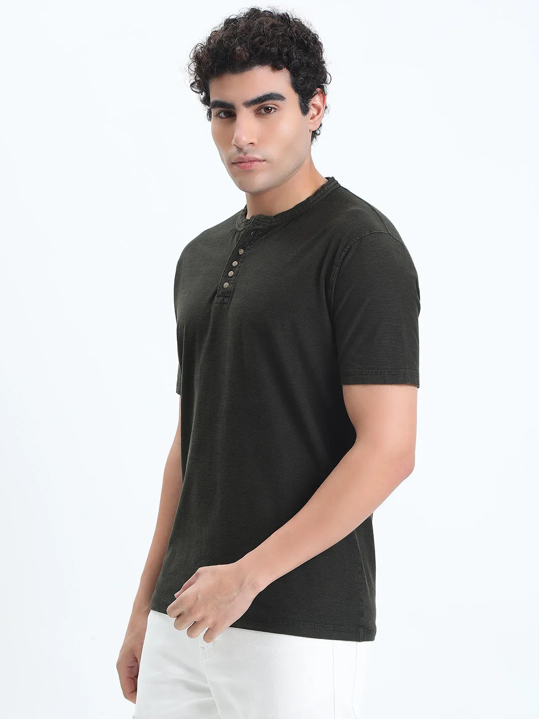 Men's Olive Henley Collar Regular Fit T-Shirt StaticResistantLining