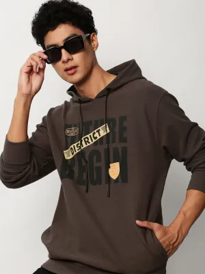 Men's Grey Typography Printed Cotton Hooded Sweatshirt Relaxed Hoodie Outdoor Chic