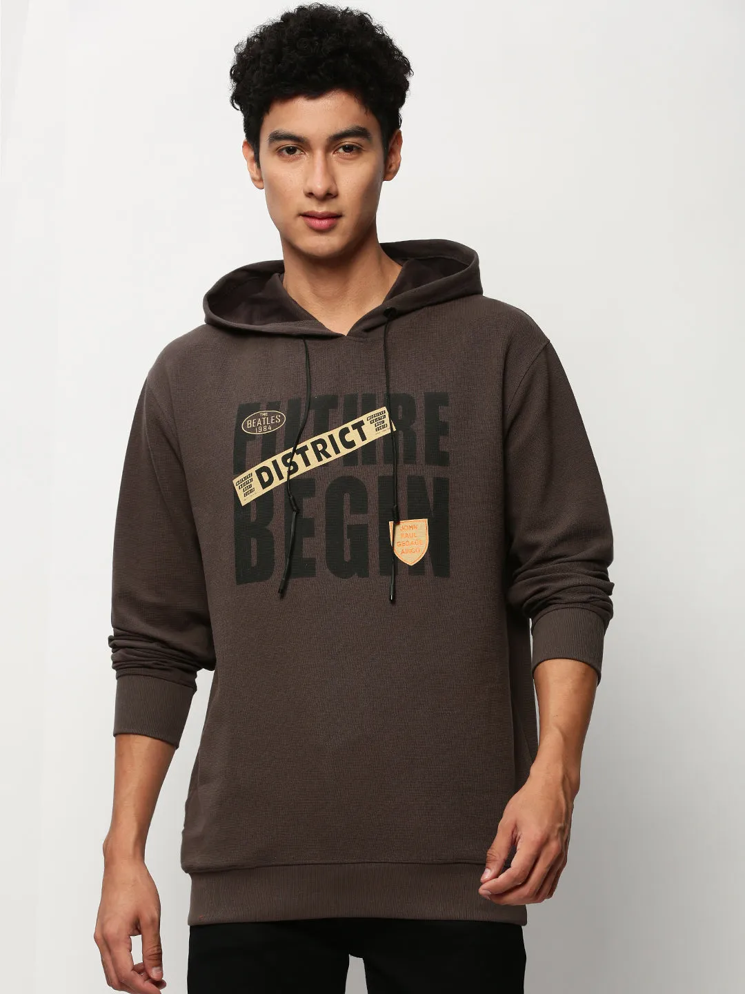 Men's Grey Typography Printed Cotton Hooded Sweatshirt Layered Style