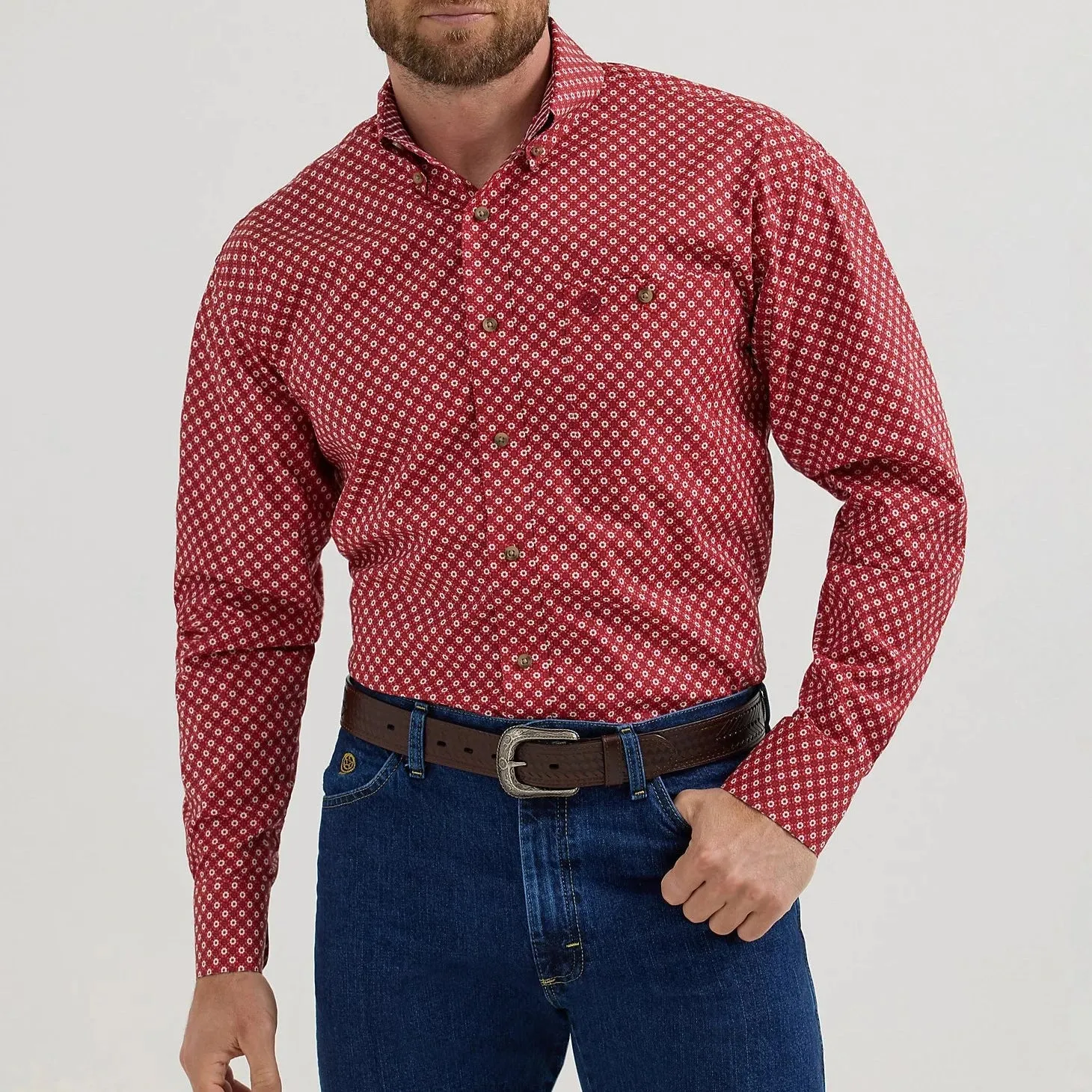 Cozy Wardrobe Minimalistic Wear Wrangler Men's L/S George Strait Floral Medallion Button Down Shirt in Ruby Flower