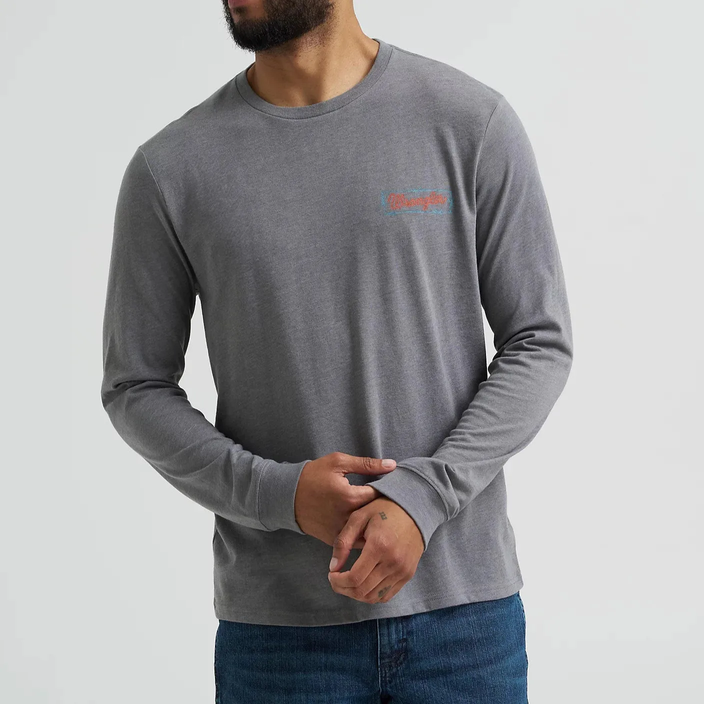 Wrangler Men's L/S Cowboy Back Graphic Tee in Graphite Heather Fit Flex