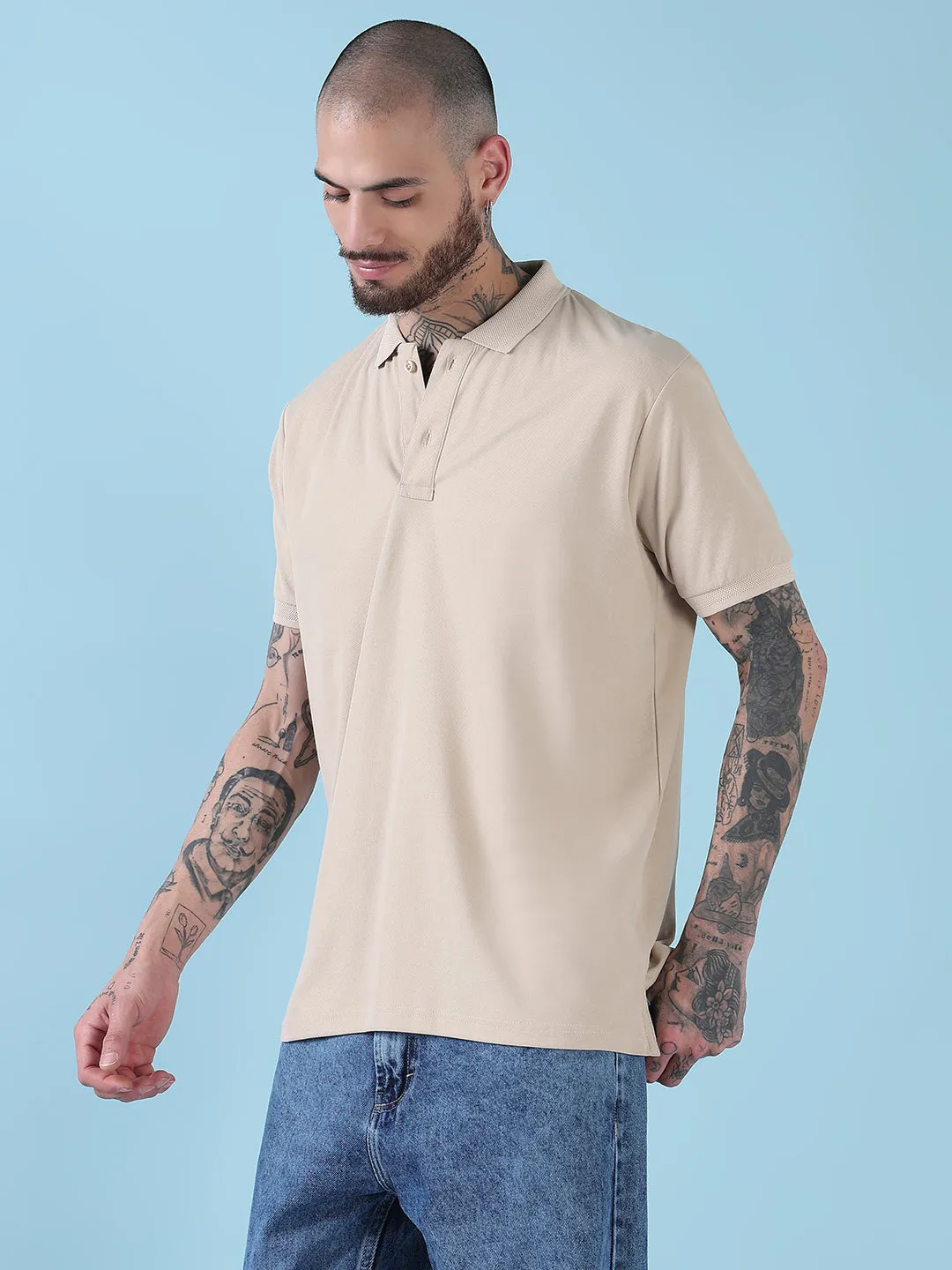 Men's Cream Solid Polo Collar T-Shirt Ocean Glow Chic Jacket