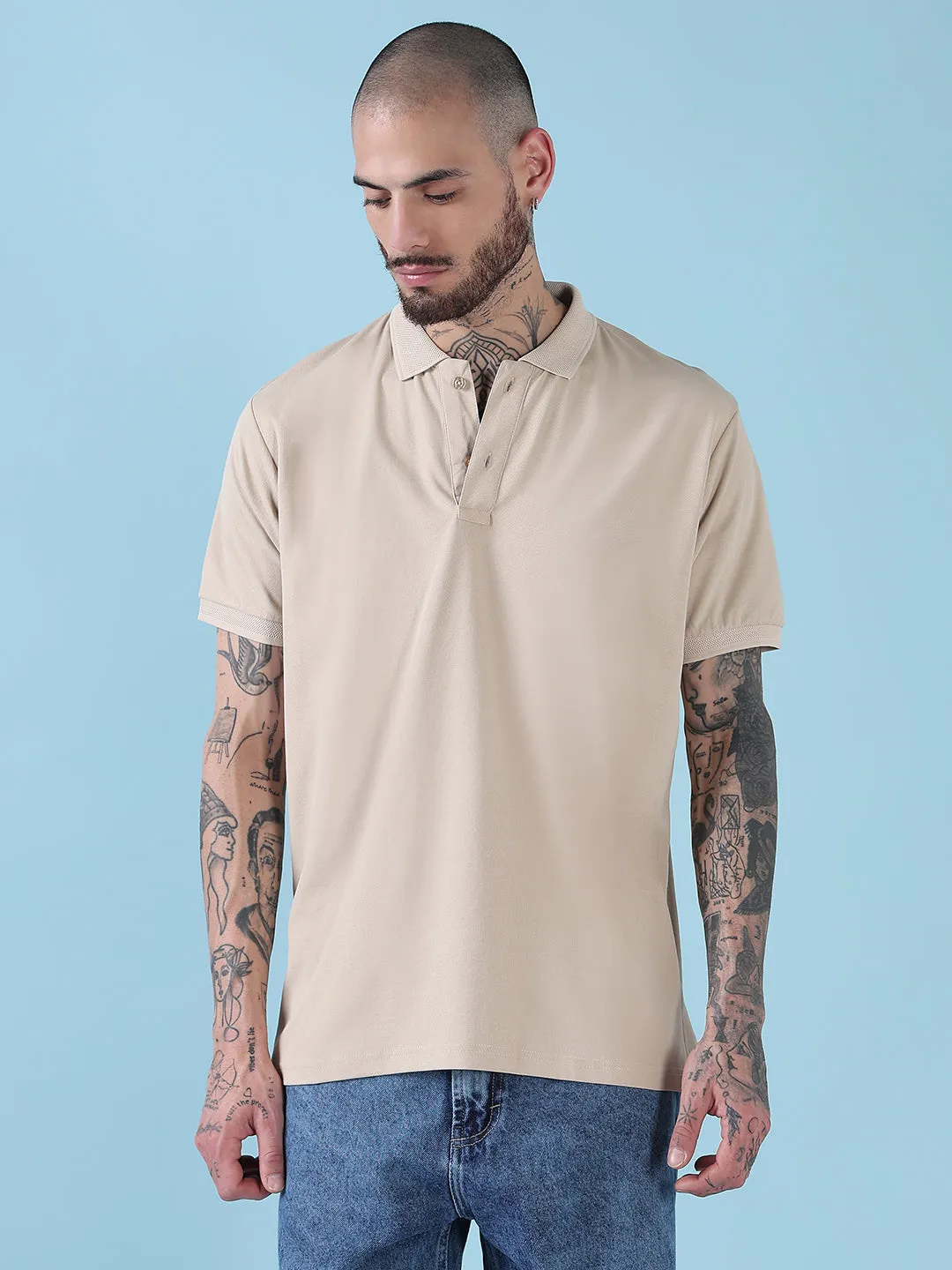 Men's Cream Solid Polo Collar T-Shirt Comfortable Jacket Sun Beam