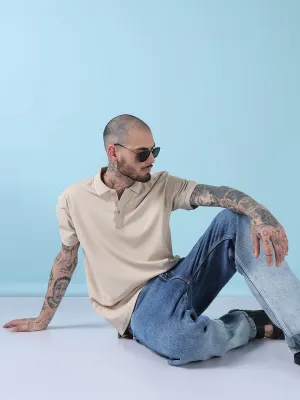 Men's Cream Solid Polo Collar T-Shirt Summer Wear