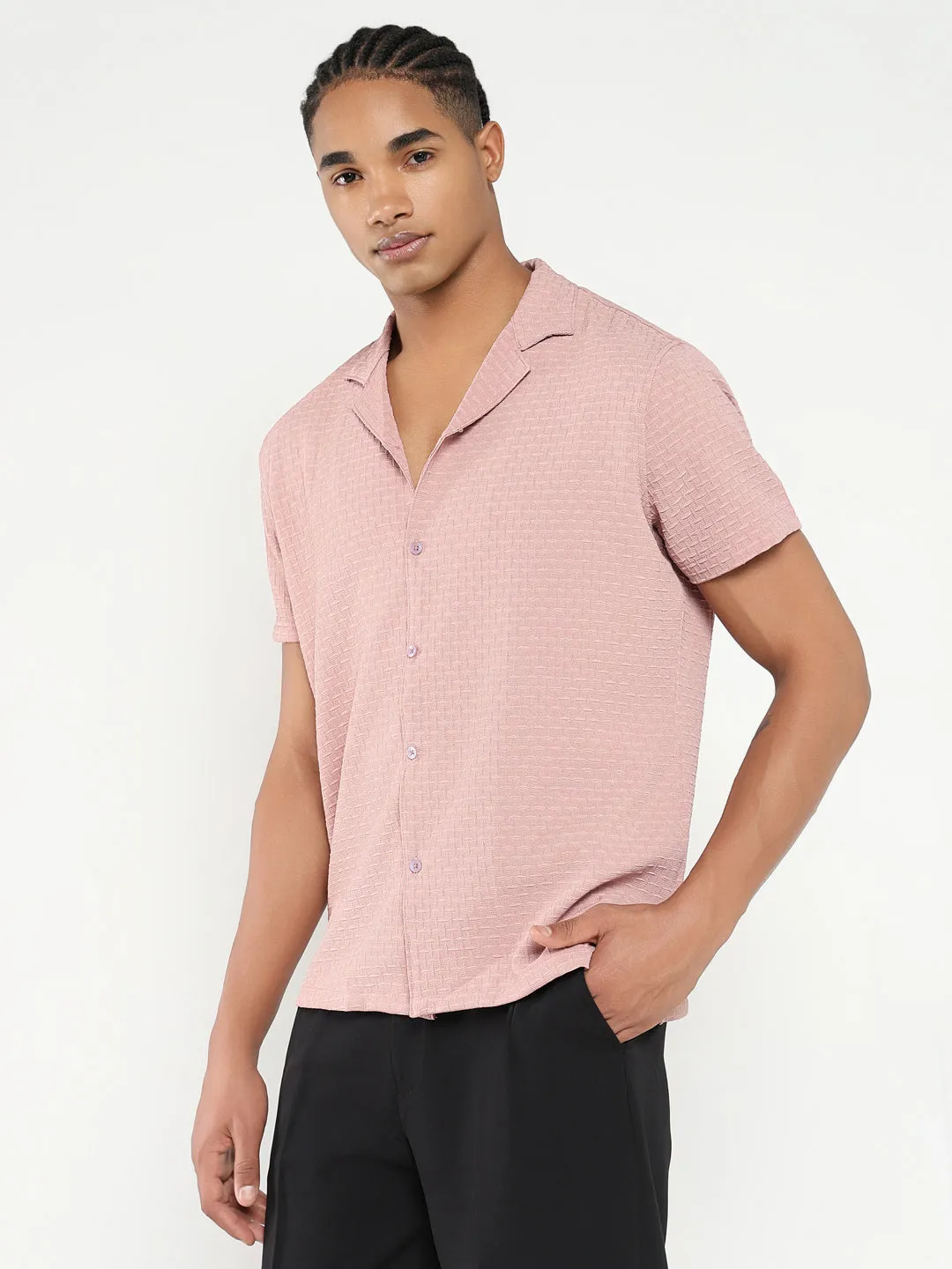 Love Core Men's Pink Comfort Cuban Collar Solid Crepe Relaxed Fit Casual Shirt