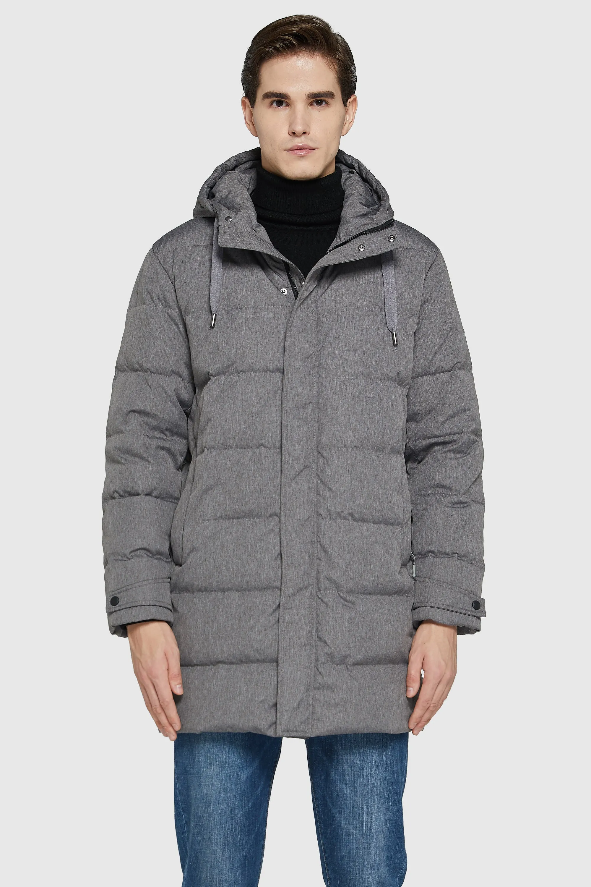 Mid-Length Warm Hooded Puffer Down Jacket Breathable Lining Design Ventilation Panels