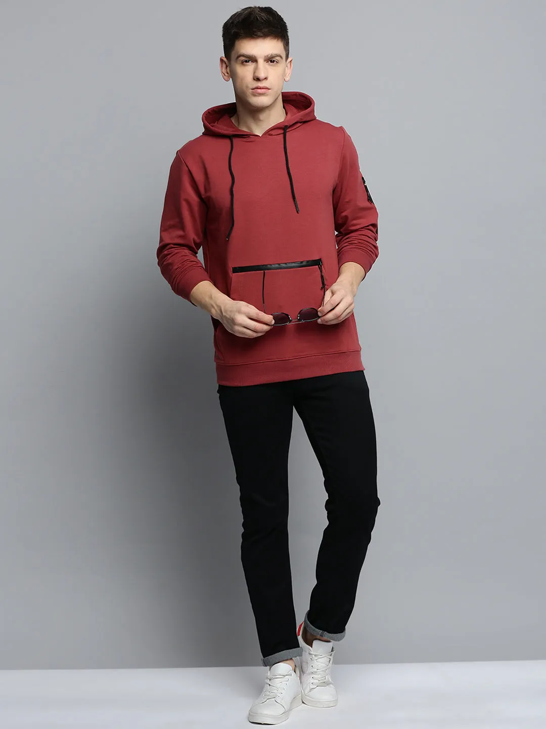 Mesh Lining Muscular Fit Men's Maroon Hooded Pullover Sweatshirt