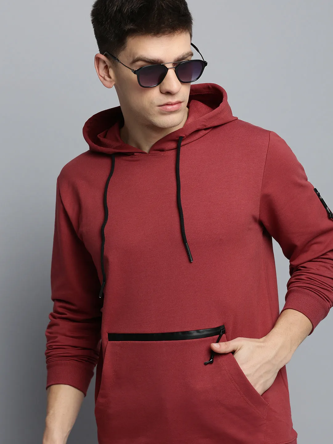 Men's Maroon Hooded Pullover Sweatshirt Branded Look Core Minimal