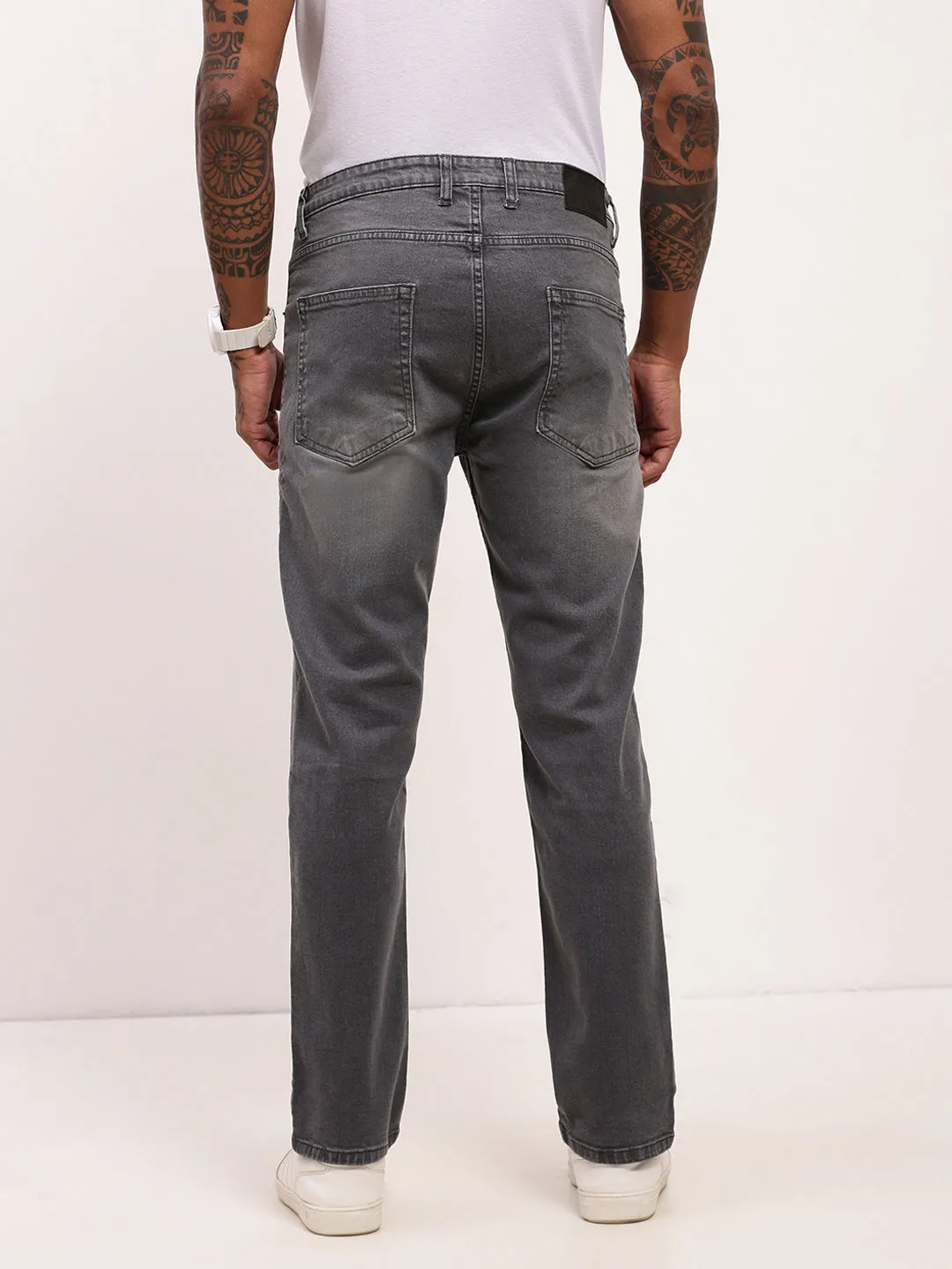 Men's Grey Solid Straight Fit Heavy Fade Acid Wash Jeans Stretch Enhanced Mobility Comfy Design