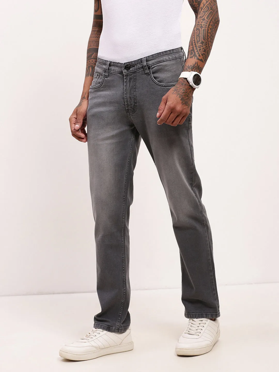 Men's Grey Solid Straight Fit Heavy Fade Acid Wash Jeans Flexible Waist Music Event Smooth Casual