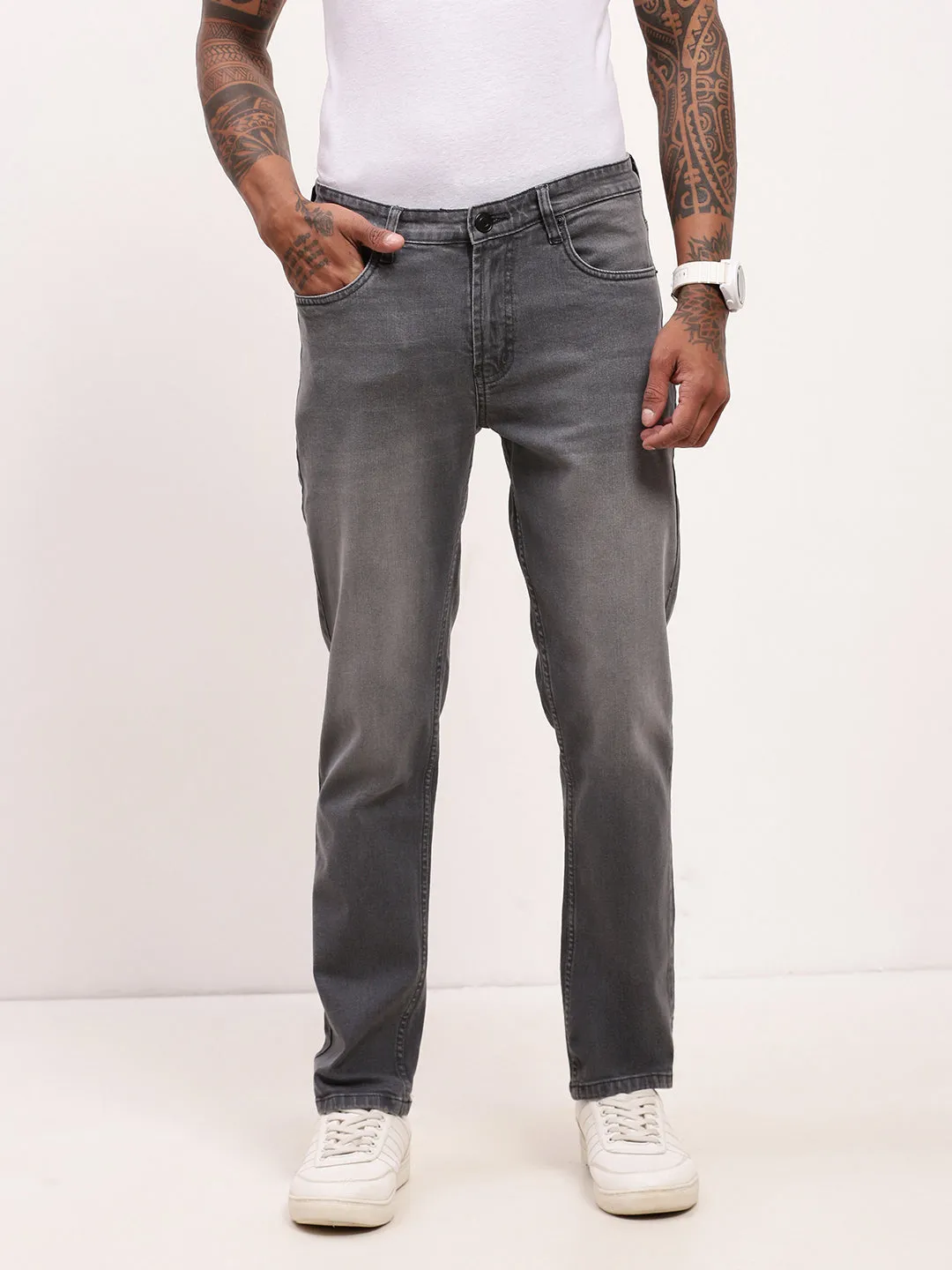 Men's Grey Solid Straight Fit Heavy Fade Acid Wash Jeans Effortless Look Smooth Feel