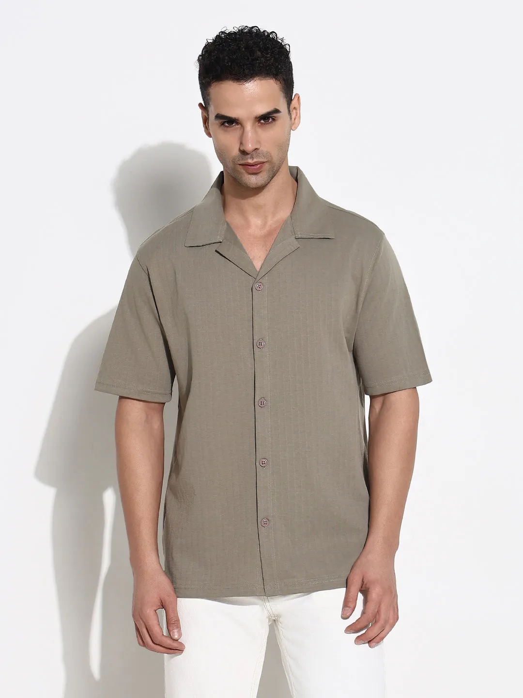 FastDrying Inner Layer Men's Olive Solid Cuban Collar Shirt