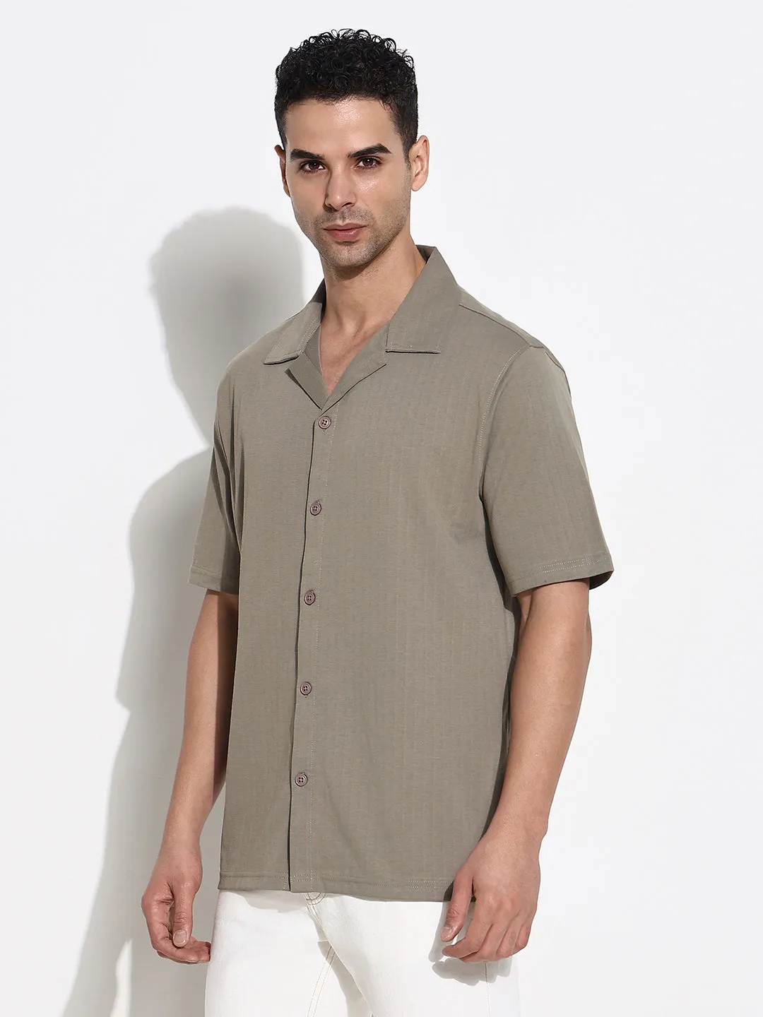Men's Olive Solid Cuban Collar Shirt Essential Tee WaterRepellent Coating