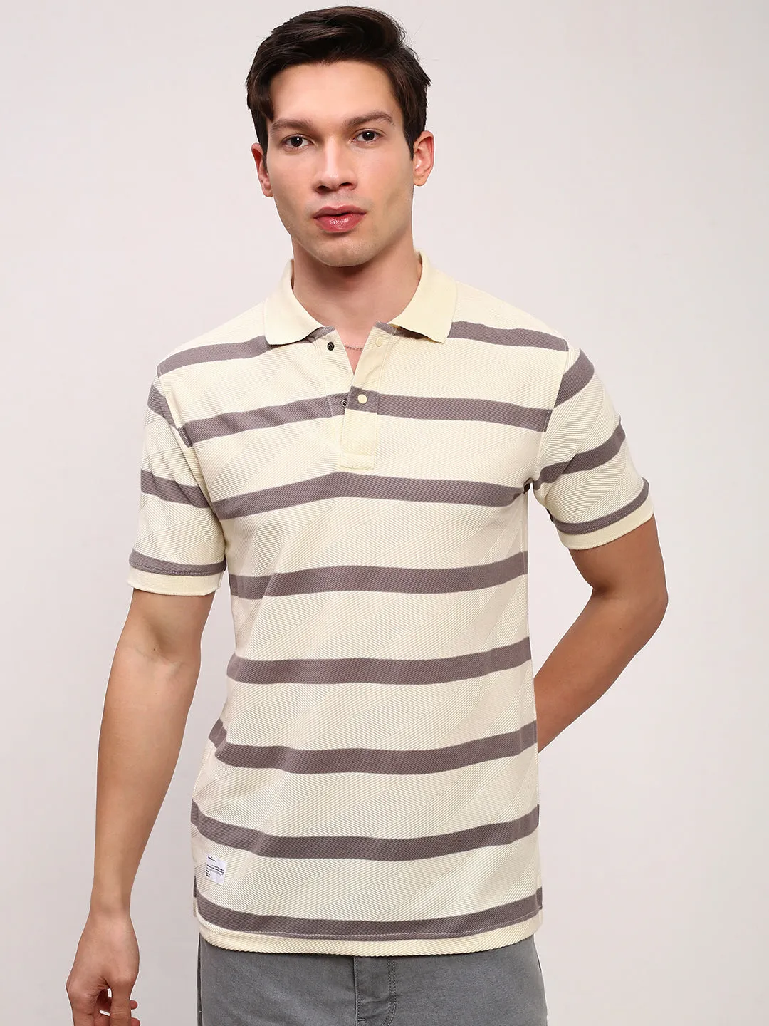 High-quality Men's Cream Striped Casual T-Shirt