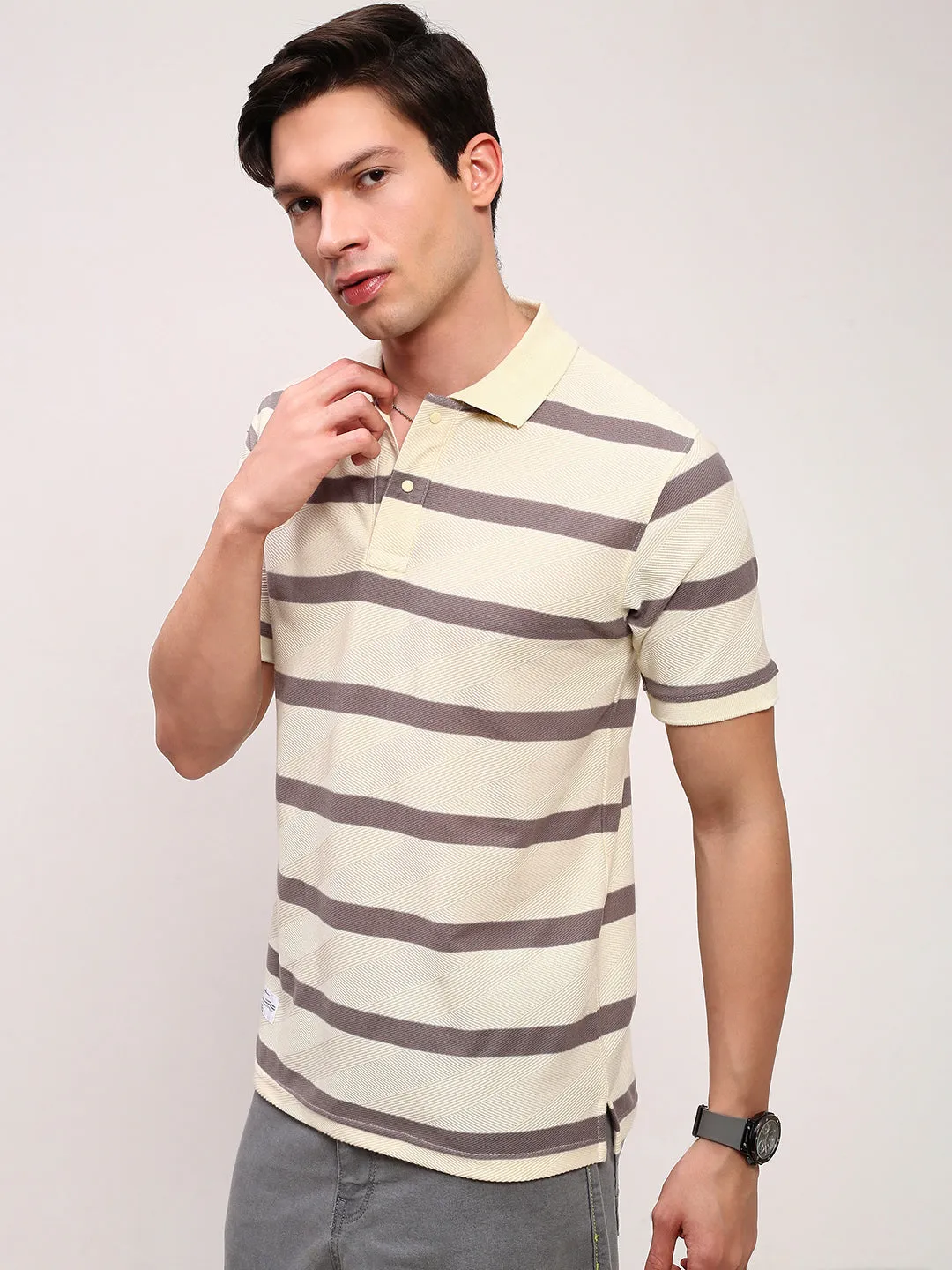 Warm Layering Men's Cream Striped Casual T-Shirt