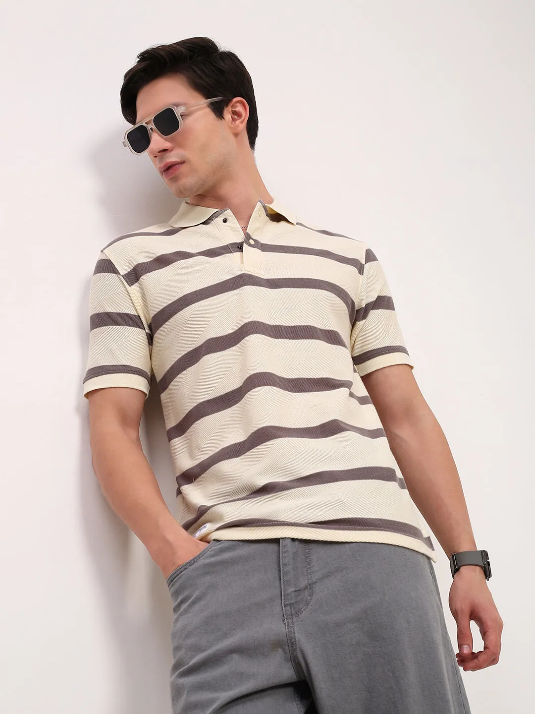 Men's Cream Striped Casual T-Shirt product couple intimacy