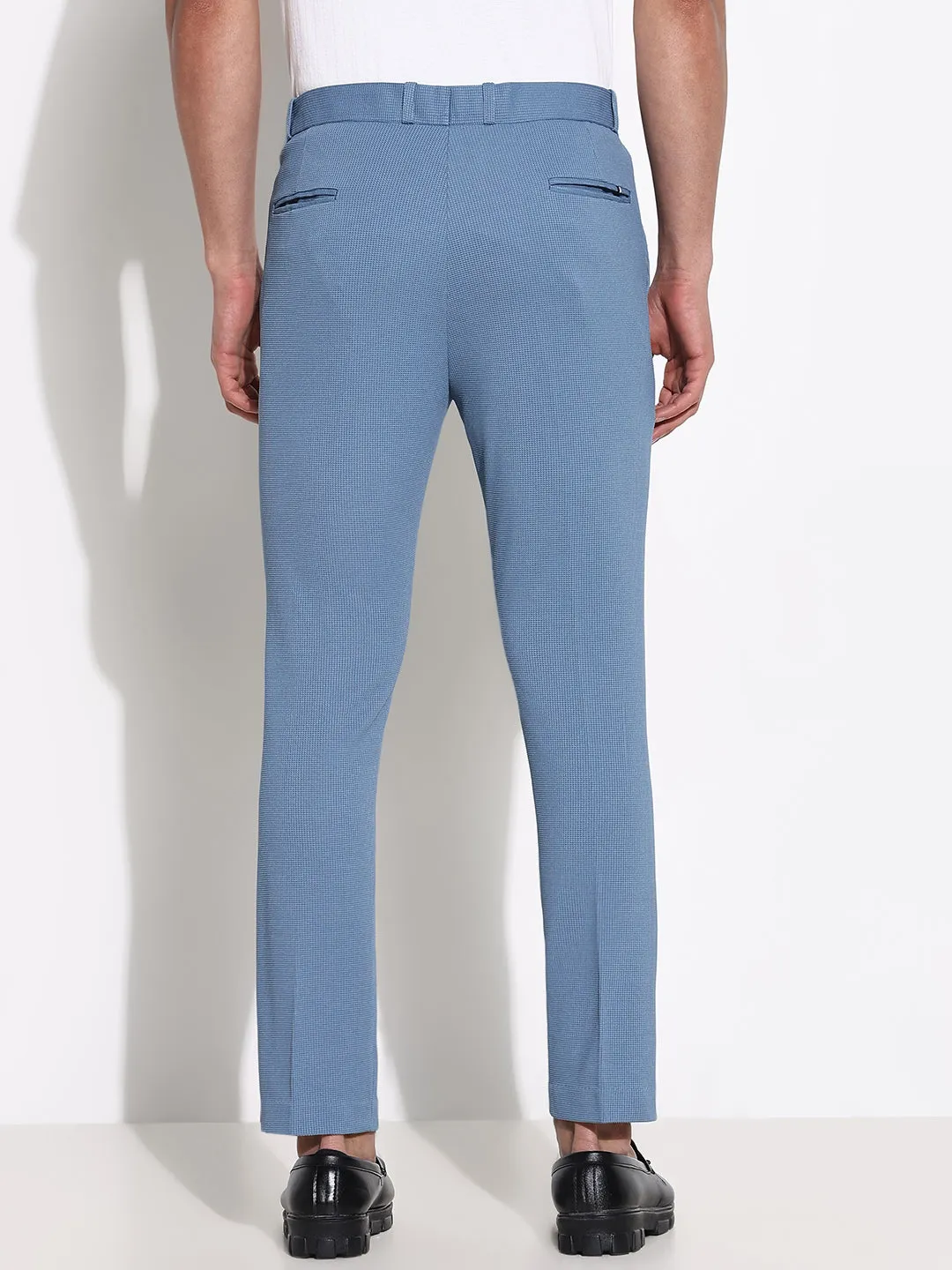 Men's Blue Solid Slim Fit Formal Trousers Laser cut NonRestrictiveCut