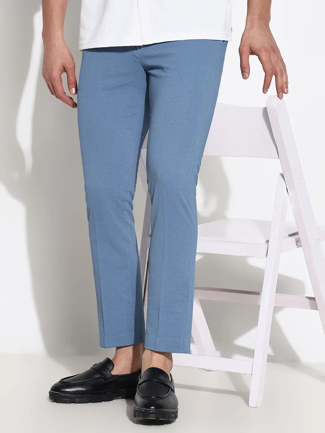 Men's Blue Solid Slim Fit Formal Trousers Elastic Free Cuffs Casual Comfort Fit