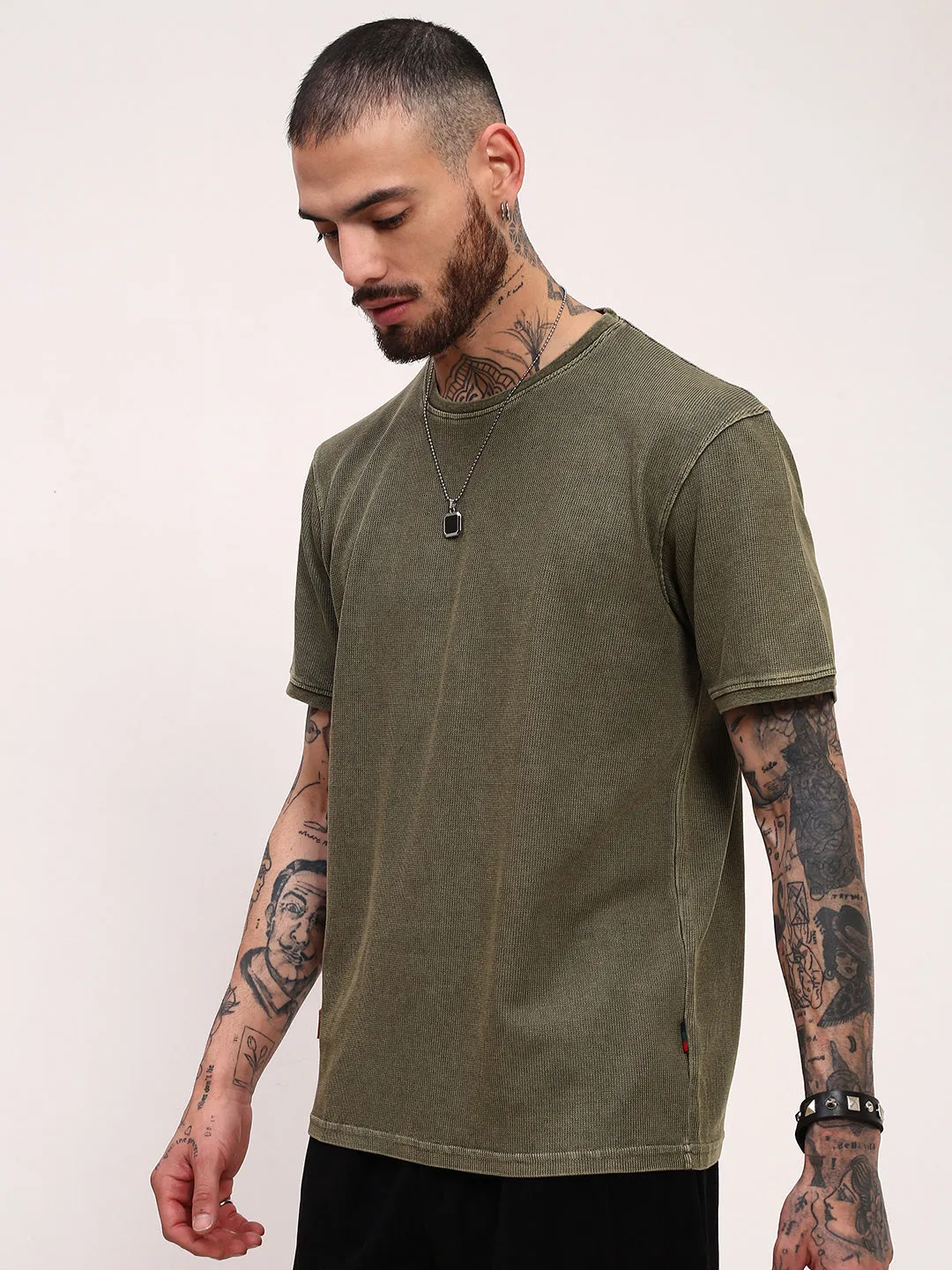 product clearance Sporty essentials Men's Olive Solid Round Neck Oversized Cotton T-Shirt