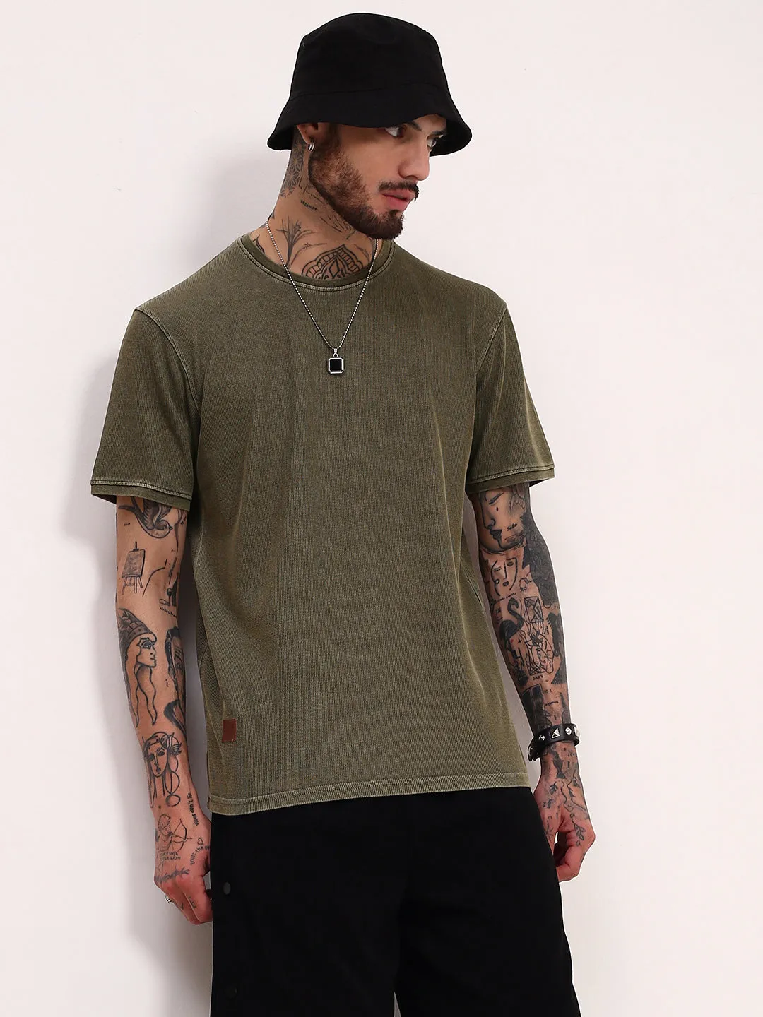 Men's Olive Solid Round Neck Oversized Cotton T-Shirt product lace femininity consumer preference