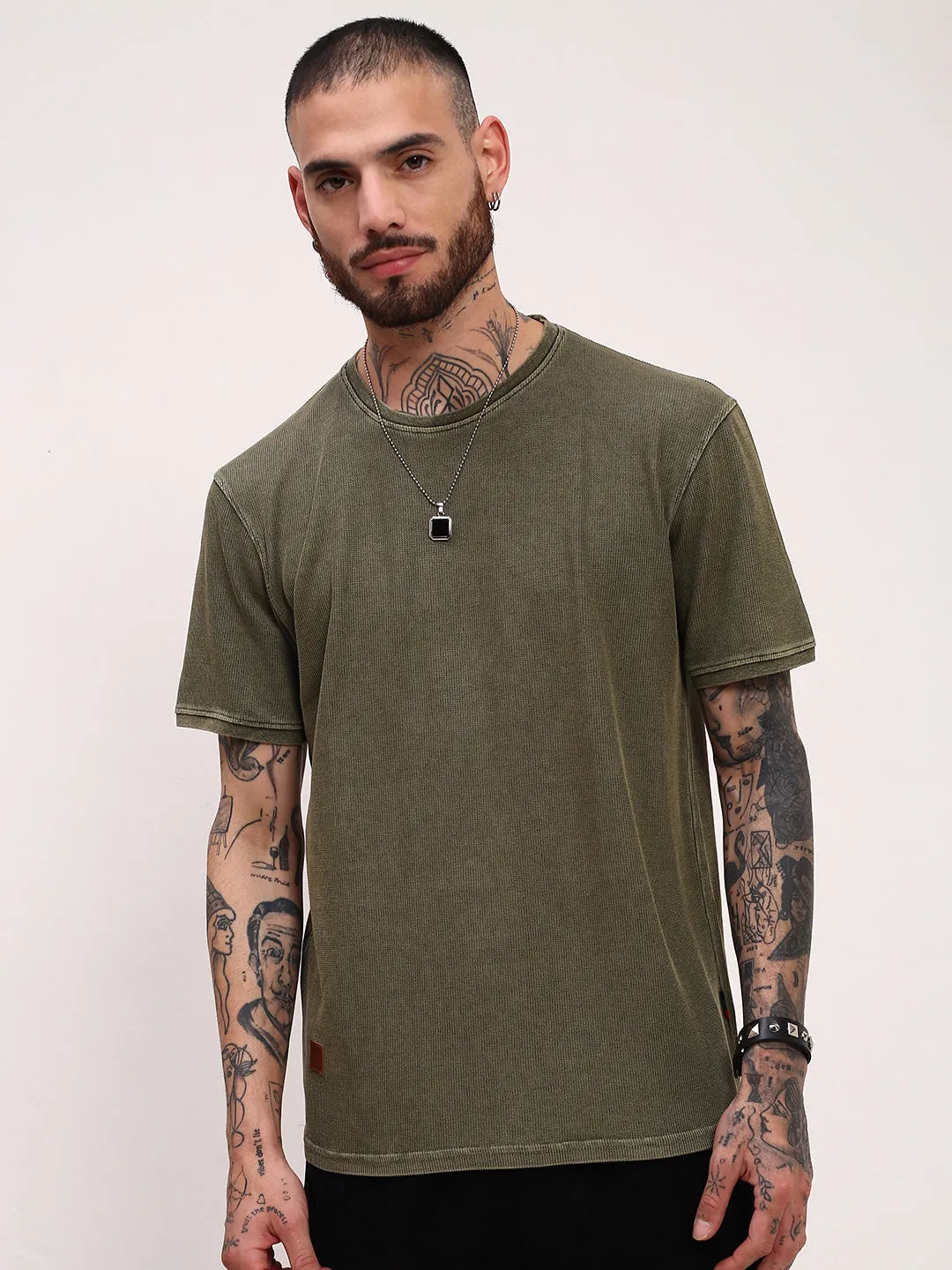 Cozy Vibe Men's Olive Solid Round Neck Oversized Cotton T-Shirt