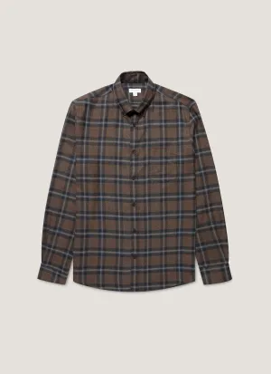 Men's Button Down Flannel Shirt in Bark Check Functional Side Gussets