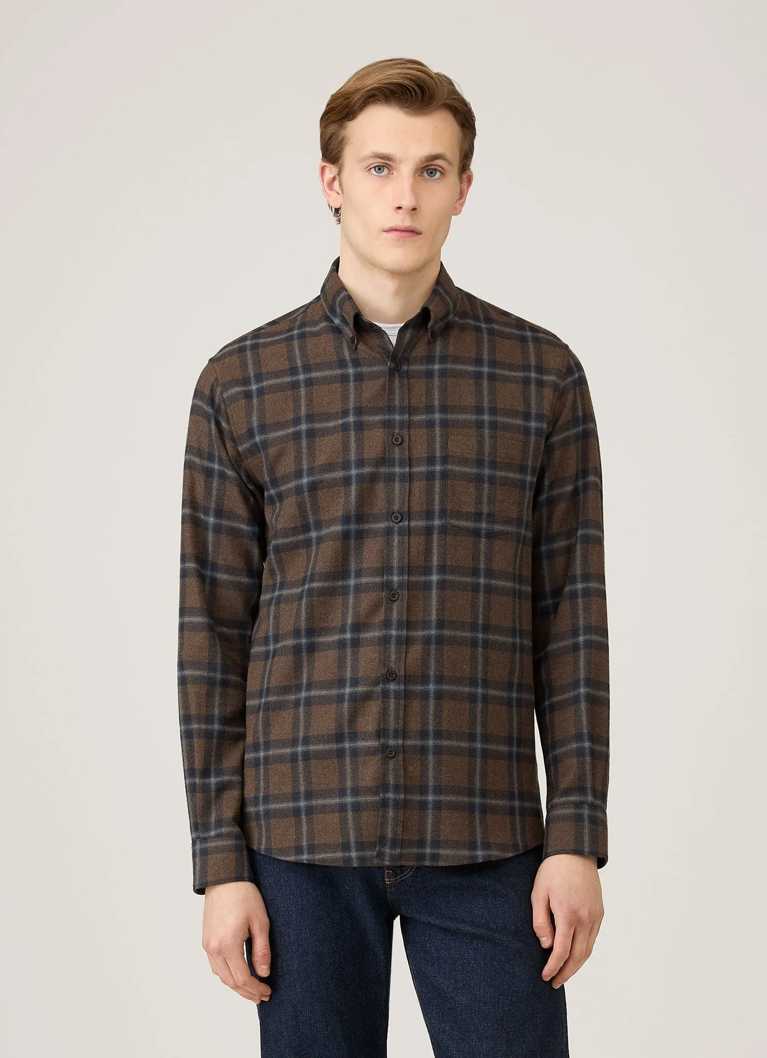 Men's Button Down Flannel Shirt in Bark Check Chic Casual Wear Crew Neck Design