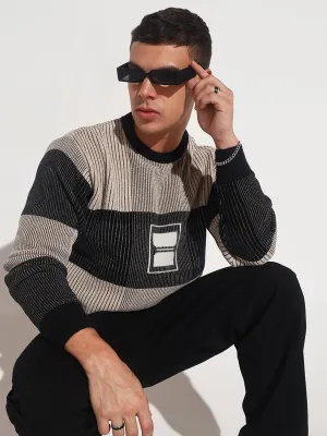 Men's Striped Black Ribbed Round Neck Sweater AntiSnag Yarn Technology Lightweight insulation