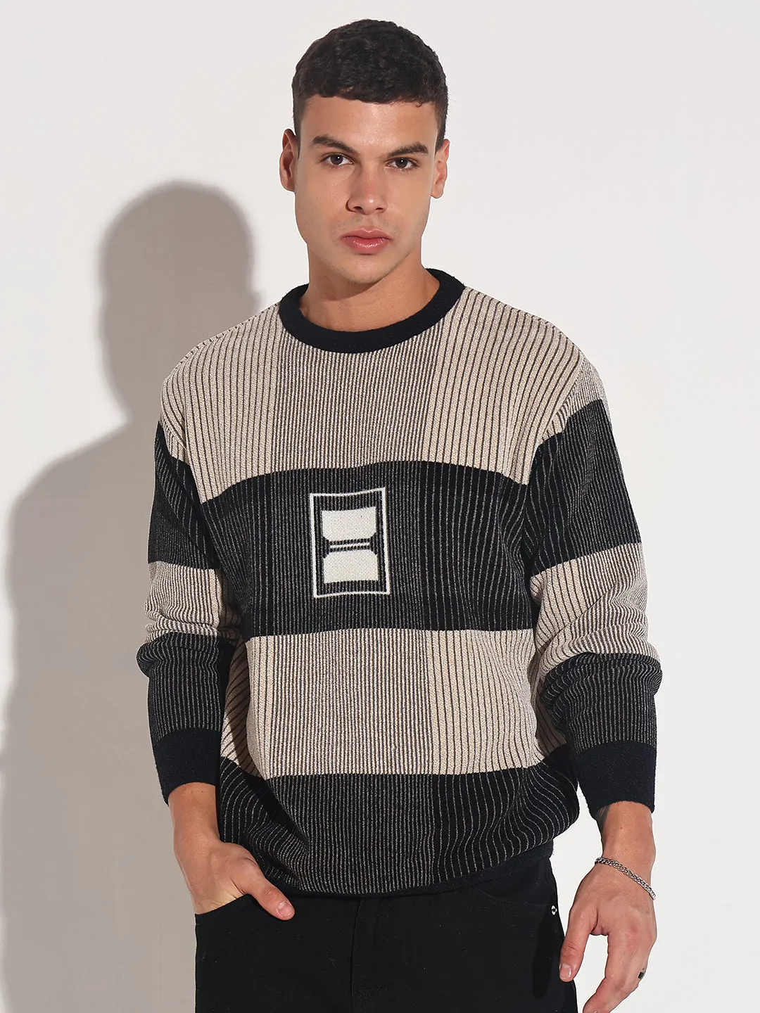 Layer Trend Transitional Layer Men's Striped Black Ribbed Round Neck Sweater