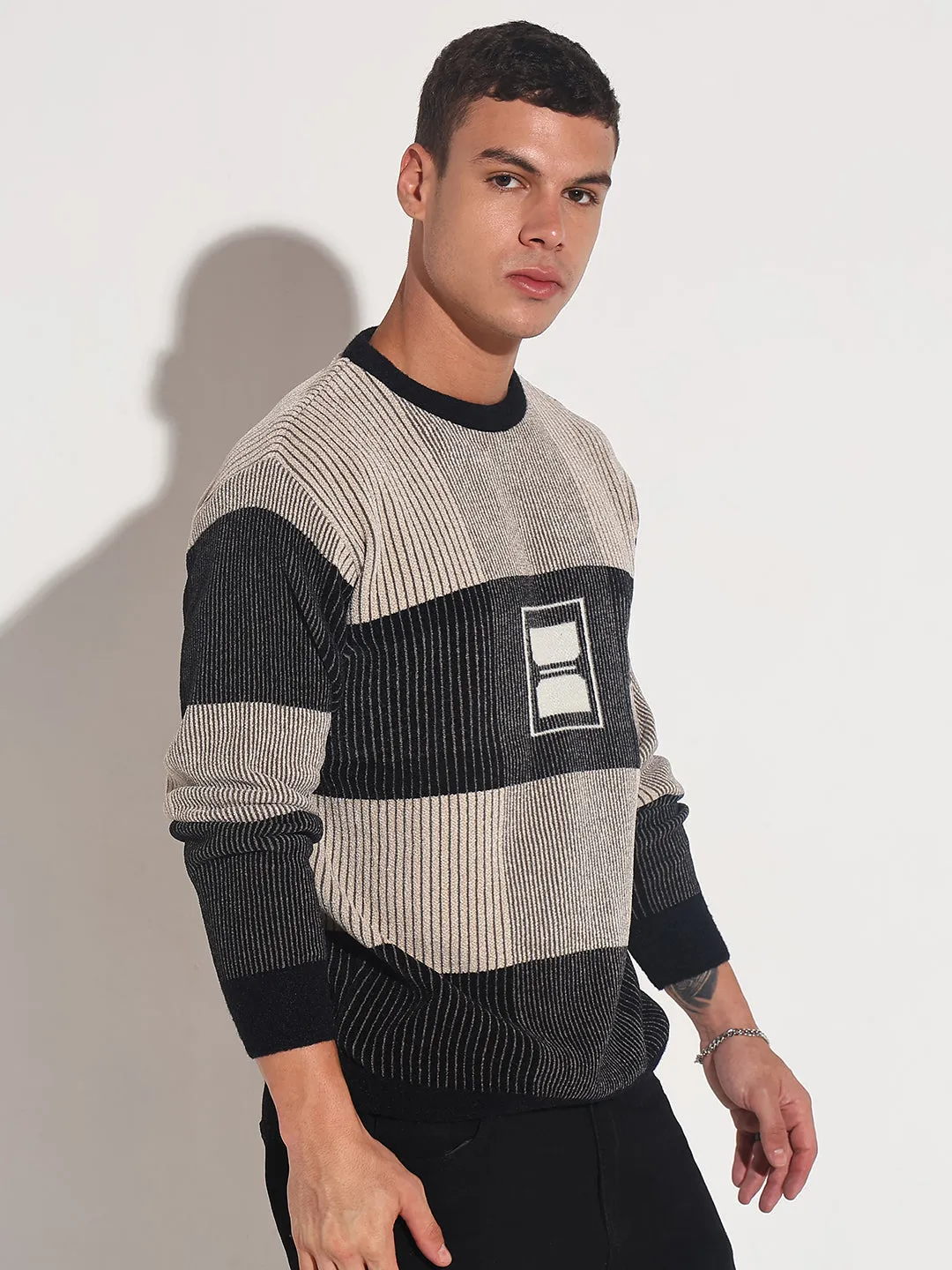 Men's Striped Black Ribbed Round Neck Sweater Ventilation Panel Design