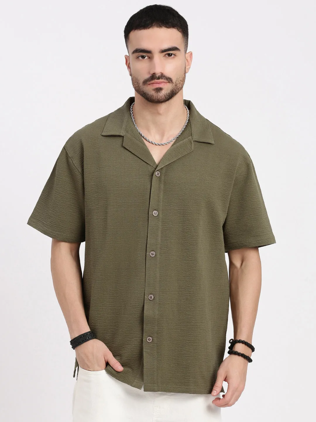 FormFitting Cut Men's Olive Cuban Collar Solid Shirt
