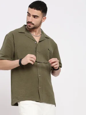 Fashion Design Men's Olive Cuban Collar Solid Shirt