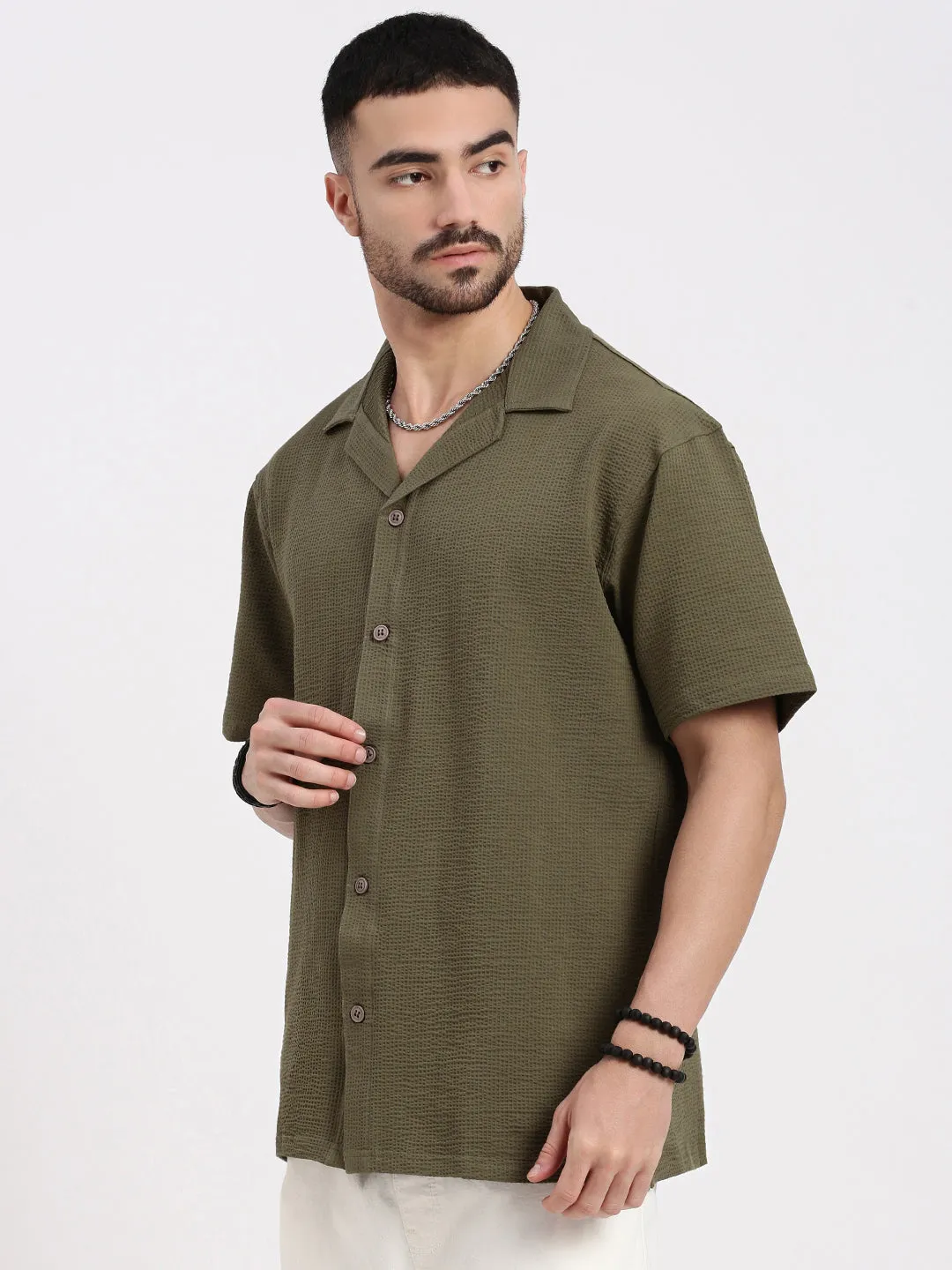 Men's Olive Cuban Collar Solid Shirt Sunset Scene LowProfile