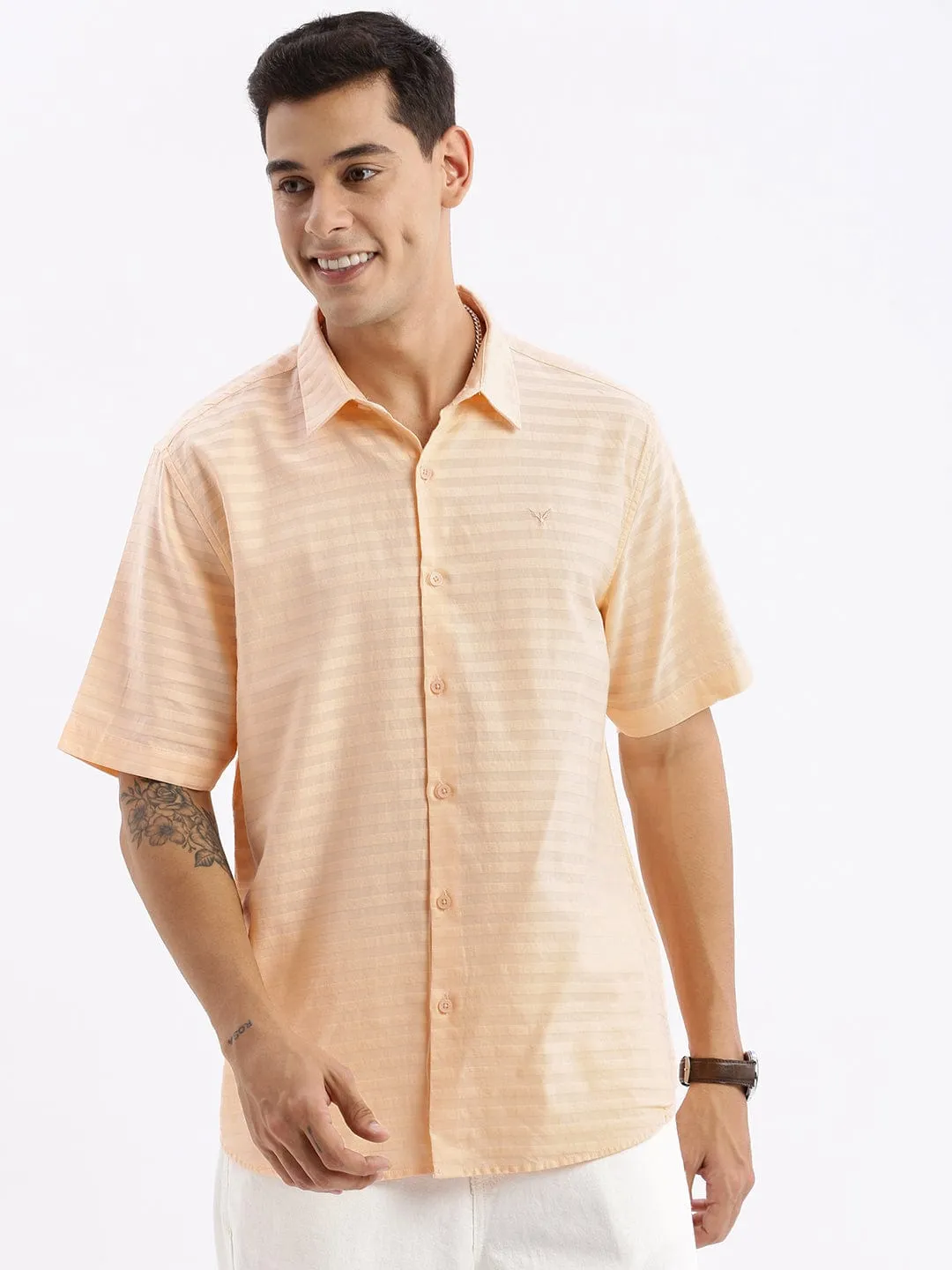 ThermalRegulatingFabric Spirit Core Men's Peach Standard Slim Fit Horizontal Stripes Opaque Striped Cotton Casual Shirt